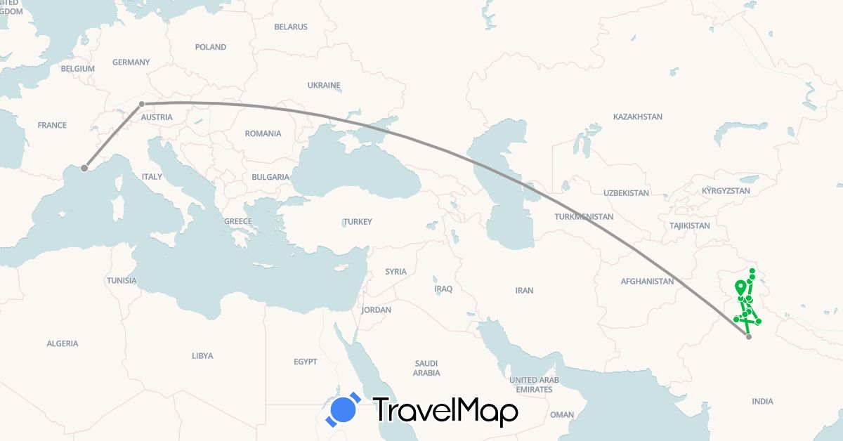 TravelMap itinerary: driving, bus, plane in Germany, France, India (Asia, Europe)